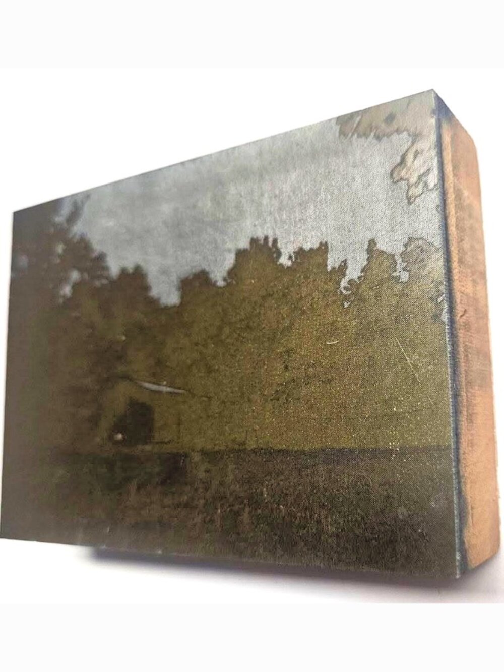 Vintage Engraved Copper Metal Print Block Wood Printing Plate Stamp Barn Trees